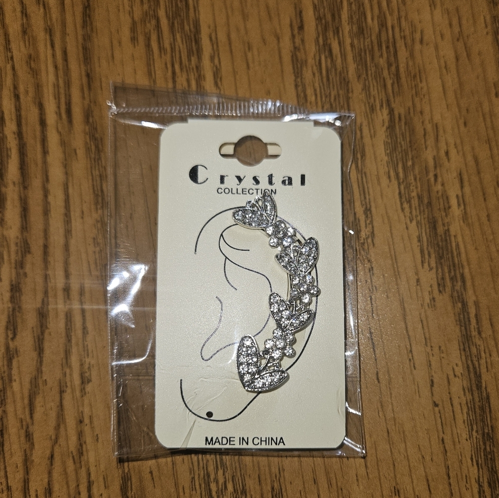 Silver Rhinestone Leaf Ear Cuff BNIB